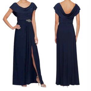 Alex Evenings Cowl Neck Drape BackSide Embellishment Pleated Slit Gown Size 6